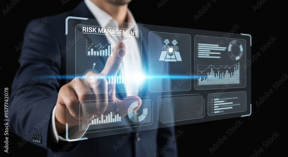 Poster a businessman interacts with a colorful holographic interface displaying risk management with charts