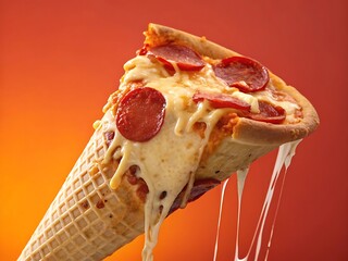 Delicious pepperoni pizza slice served in a waffle cone with dripping cheese