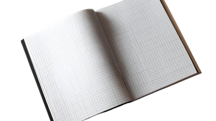 An open notebook with grid paper lies diagonally on a TRANSPARENT background with a shadow on the left page