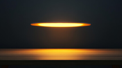 Sleek Minimalist Lamp with Soft Yellow Glow Floating Above Simple Wooden Table – Modern Ambient Lighting and Elegant Interior Design