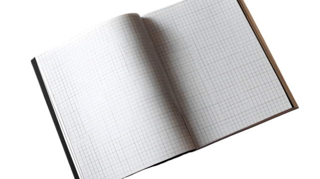 An open notebook with grid paper lies diagonally on a TRANSPARENT background with a shadow on the left page