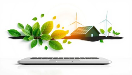 Laptop displaying green energy icons, leaves, solar panels, wind turbines on white background,  white background,   ecology
