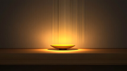 Sleek Minimalist Lamp with Soft Yellow Glow Floating Above Simple Wooden Table – Modern Ambient Lighting and Elegant Interior Design
