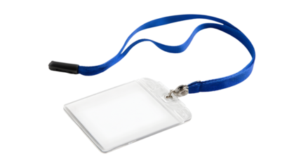 A clear plastic id badge holder with a blue lanyard on a TRANSPARENT background in a studio setting