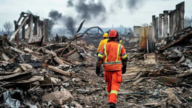 Disaster Response Team Concept, Workers in Safety Gear Inspecting Devastated Site After Disaster with Smoke Rising in Background