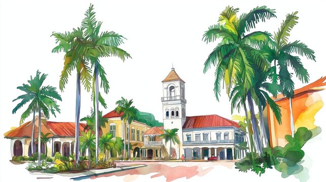 Place des Palmistes. Place des Palmistes hand drawn watercolor illustration