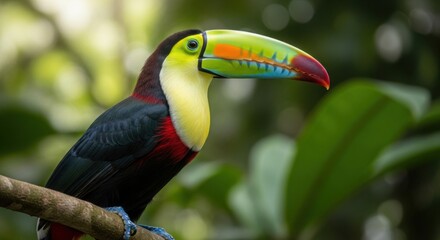 Vibrant Toucan Perched on a Branch in Lush Rainforest Amidst Green Foliage