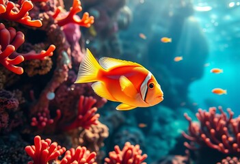 Tiny fish flit through vivid coral reef, sunlight dappling,  aquatic,   purple