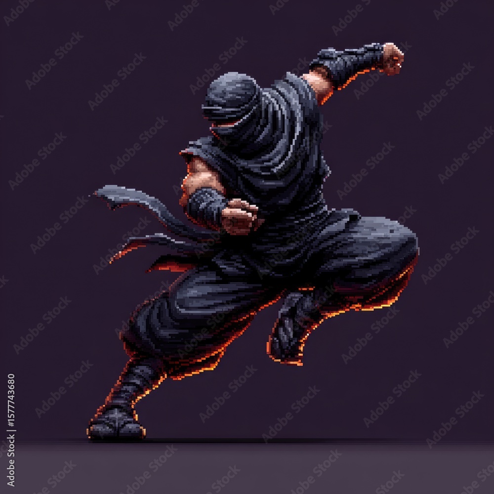Poster pixelated ninja in a dynamic pose.