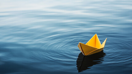 Small Yellow Paper Boat Floating on Minimalist Calm Water Surface with Faint Ripples – Serene and Simple Composition