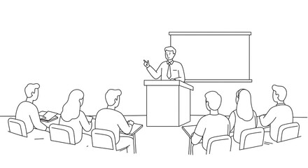 Monochrome Classroom: A lecturer delivers a lesson to attentive students in a minimally drawn classroom setting, fostering an atmosphere of learning.