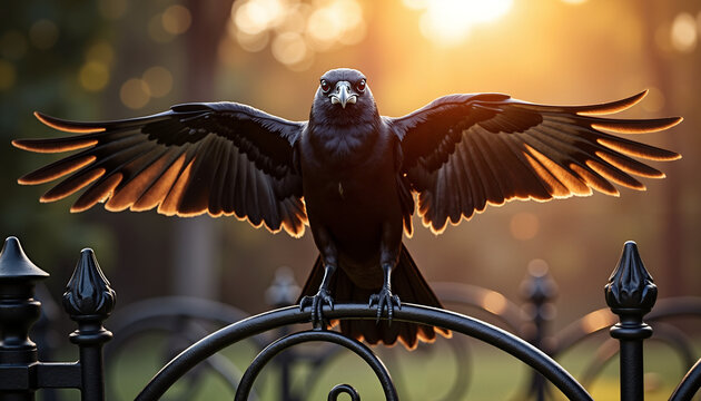 Raven perched on an old fence with wings spread at dusk  