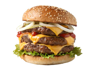 Photo of a triple cheeseburger on transparent background