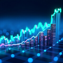 Dynamic financial market success concept, an illustration of a 3D bar stock market graph with an arrow indicating economic growth on a blue background
