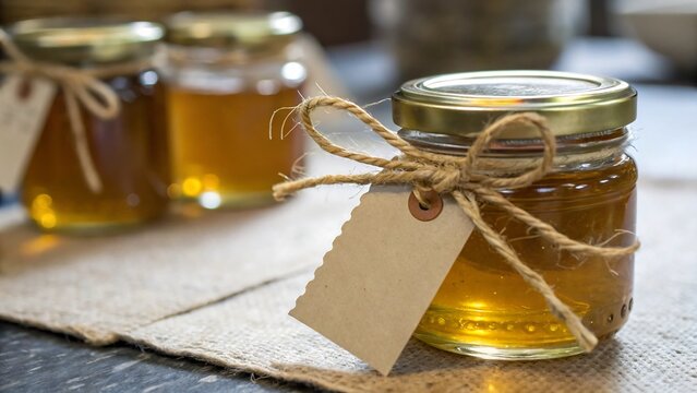 Small glass jars filled with golden honey tied with twine and tags