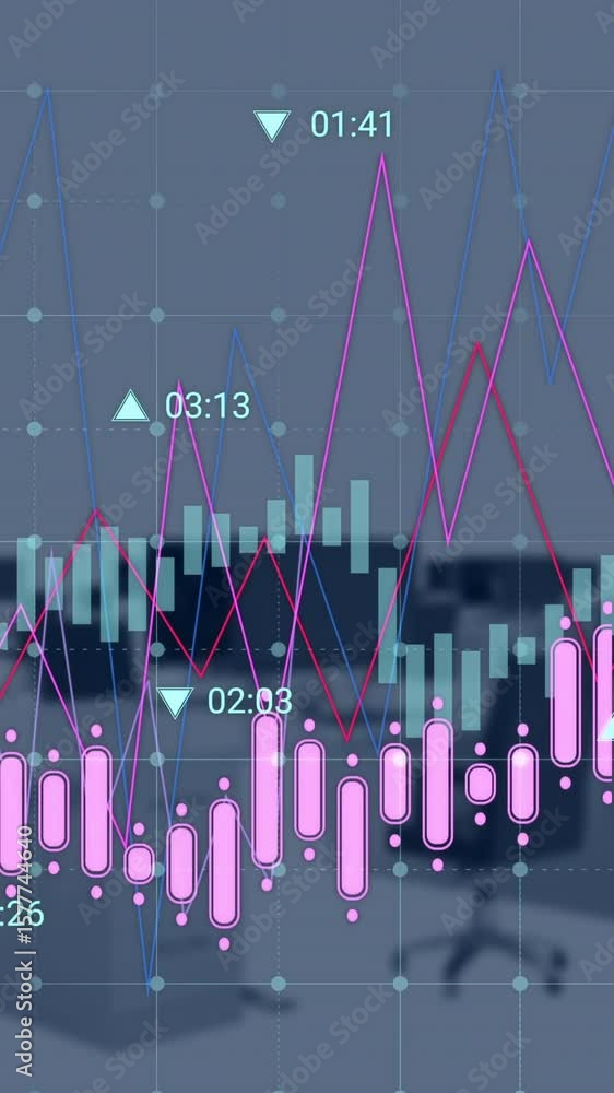 Poster animation of graphs and data processing over computers on desks at empty office