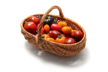 Wicker basket filled with colorful fresh tomatoes on a white background. A variety of tomato types including red, yellow, orange. Concept of organic vegetables, healthy eating, and farm produce.