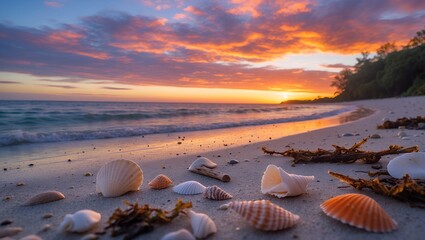 Seashells on beach with sunset sky