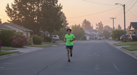 Jogger running on suburban street at sunrise