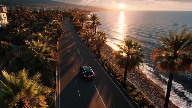 Top view of black SUV driving along a highway along the ocean and palms. Cinematic 4k