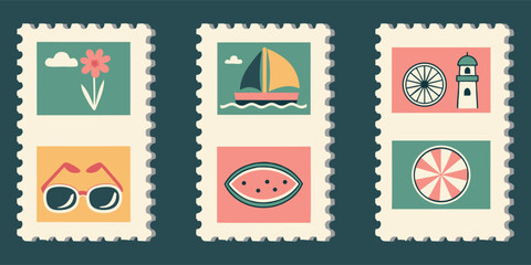 Obraz premium Set of Summer vector postage stamp illustrations. Retro flat graphic with flower, sunglasses, sailboat, watermelon, lighthouse, sun pattern. Travel and holiday print design elements.
