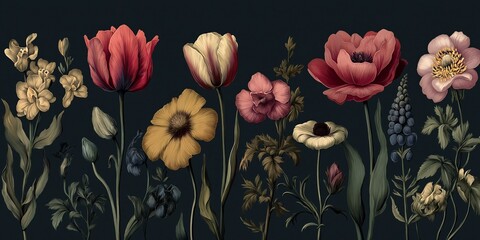 Vintage Botanical Illustration of Colorful Flowers on Dark Background.