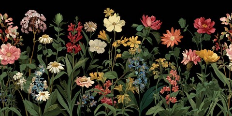 Vintage Botanical Illustration of Colorful Flowers on Dark Background.