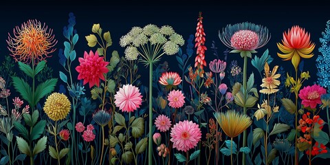 Vintage Botanical Illustration of Colorful Flowers on Dark Background.