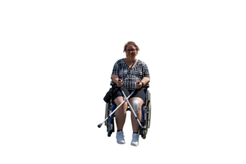 Positive attitude: Woman with walking sticks and wheelchair	