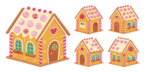 Naklejka premium Set of Gingerbread House vector illustration. Cartoon sweet cookie candy house graphic elements for Christmas, New Year, holiday decoration, kids, party design projects.