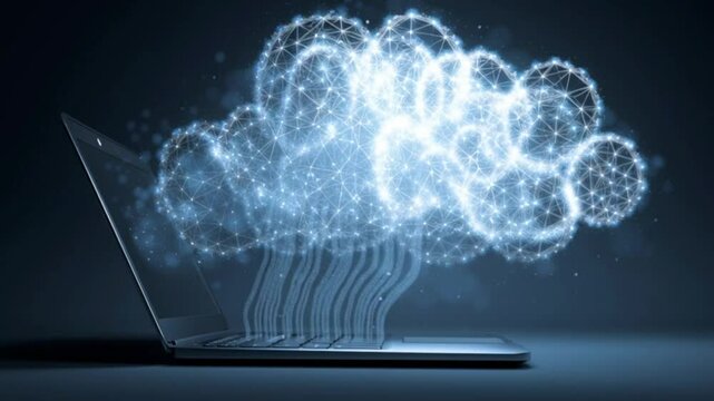 Futuristic Cloud Computing Data Flow Animation on Laptop Screen, Digital Network Concept