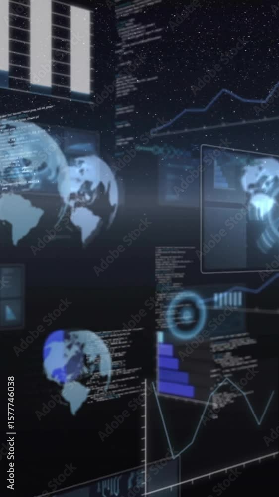 Poster animation of data processing and diagrams over globes
