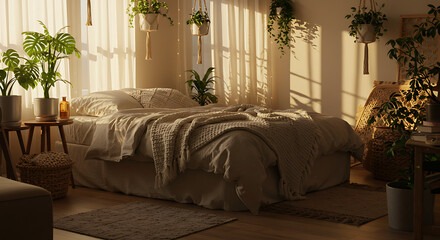Sunlight streams into a cozy bedroom filled with plants.