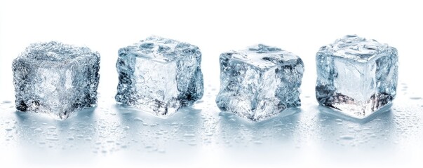 Four wet ice cubes on a reflective surface