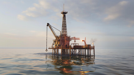 Industrial oil rig at sea during sunset with reflections on water