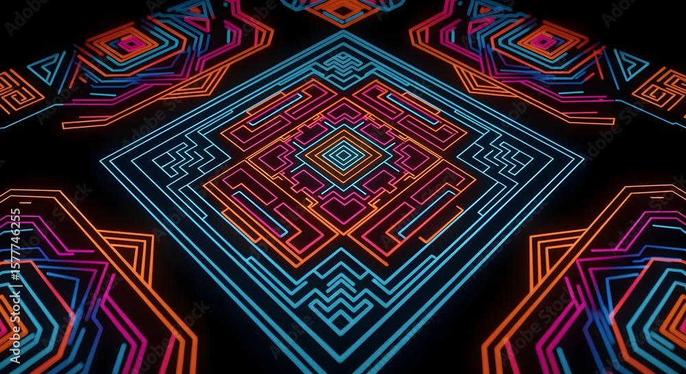 Poster abstract geometric pattern with neon lines forming a symmetrical design on a black background
