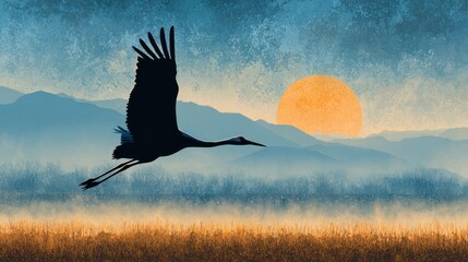 Silhouette crane in flight over a misty landscape at sunrise