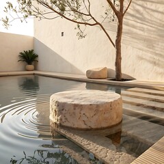 Tranquil courtyard with stone pedestal in reflecting pool