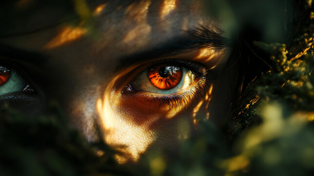 Inclusive fantasy: red eyes of a shapeshifter hiding in a medieval forest, golden earring glinting slightly