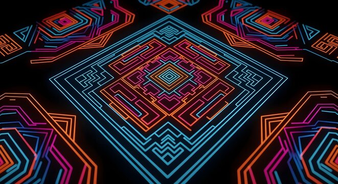 Abstract geometric pattern with neon lines forming a symmetrical design on a black background