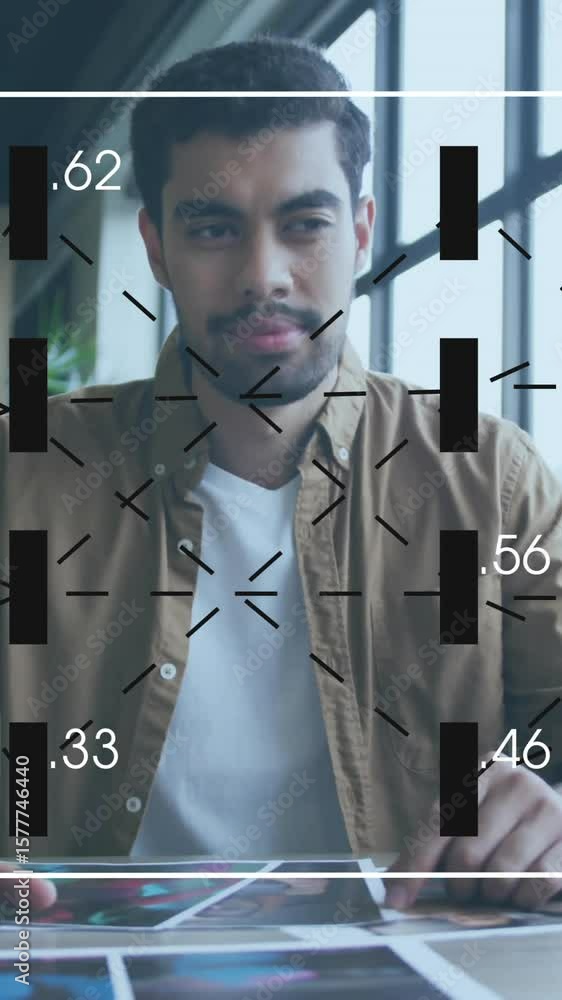 Poster animation of data processing over businessman having video call