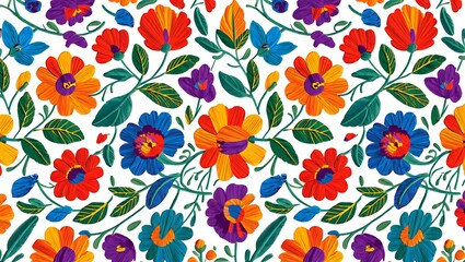 Vibrant Floral Pattern in Bold Primary Colors, Botanical Background with Detailed Brushstrokes