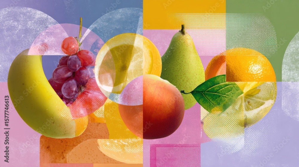Poster vibrant collage showcasing an array of overlapping fruit textures in a colorful magazine style layou