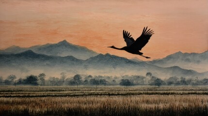 Crane in flight over a misty landscape