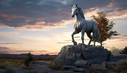 Naklejka premium Gray Stone Horse Statue at Sunset (8).png, Gray Stone Horse Statue at Sunset
