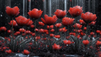 Red Flowers Rain Digital Art
