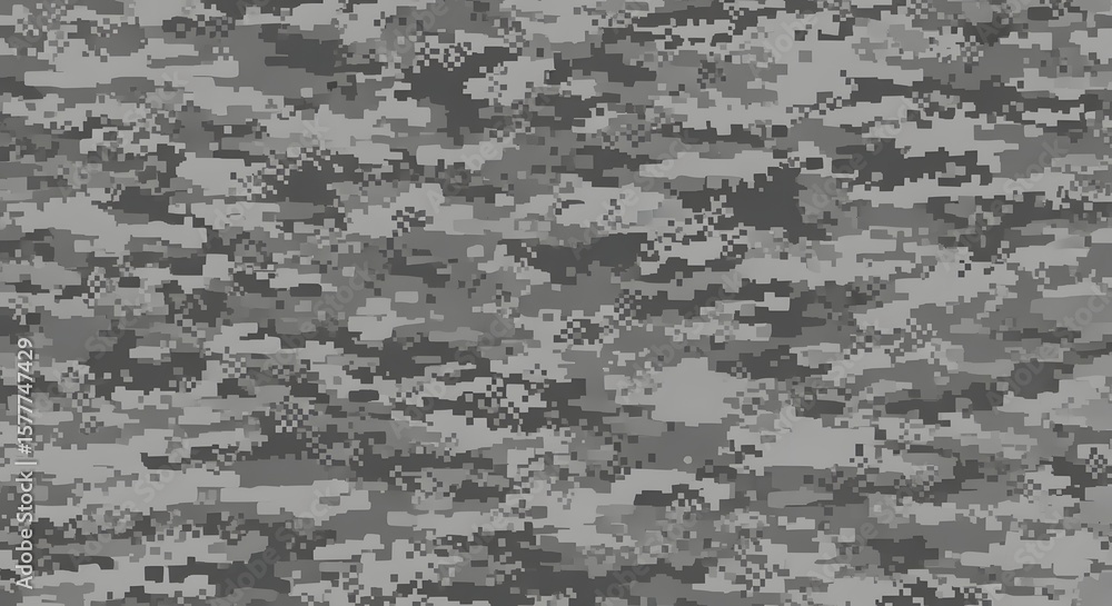 Poster a detailed image showcasing a gray digital camouflage pattern with varying shades and pixelated desi