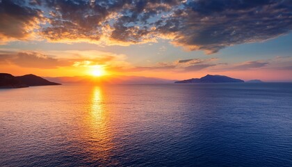 amazing landscape of sunrise at sea colorful morning view of dramatic sky seascape greece mediterranean sea concept of nature background