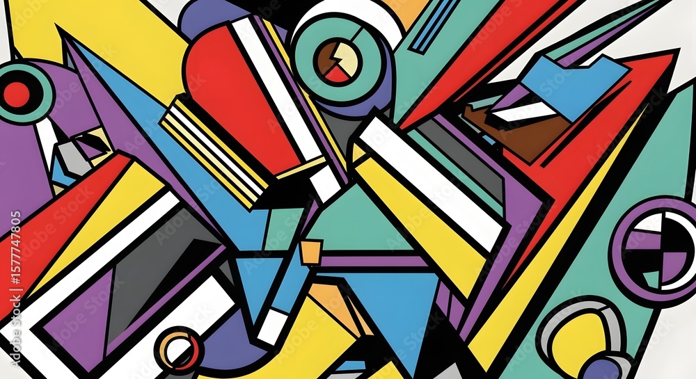 Poster a vibrant abstract composition featuring geometric shapes and bold colors with dynamic arrangement s