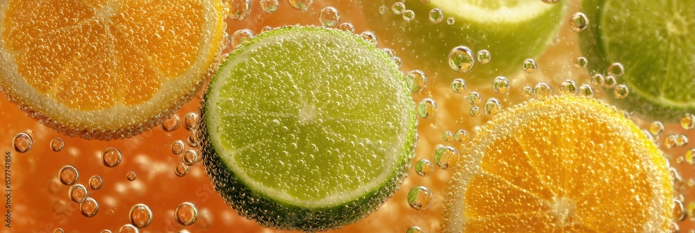Poster citrus mix floats gracefully in fizzy soda bubbles creating a refreshing beverage display